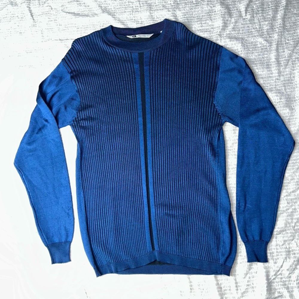 Bachrach Men's XL Blue Ribbed Knit Rayon Cotton Sweater Crewneck Pullover